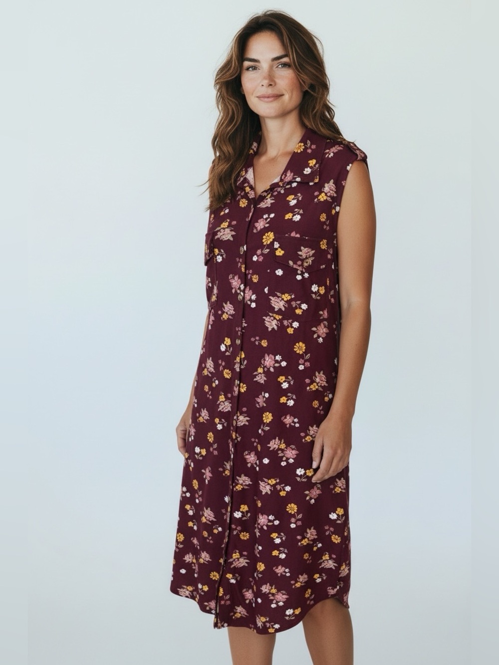 🫶🏻 No Boundaries Burgundy Floral Sleeveless Shirt Dress JR 15-17 XL